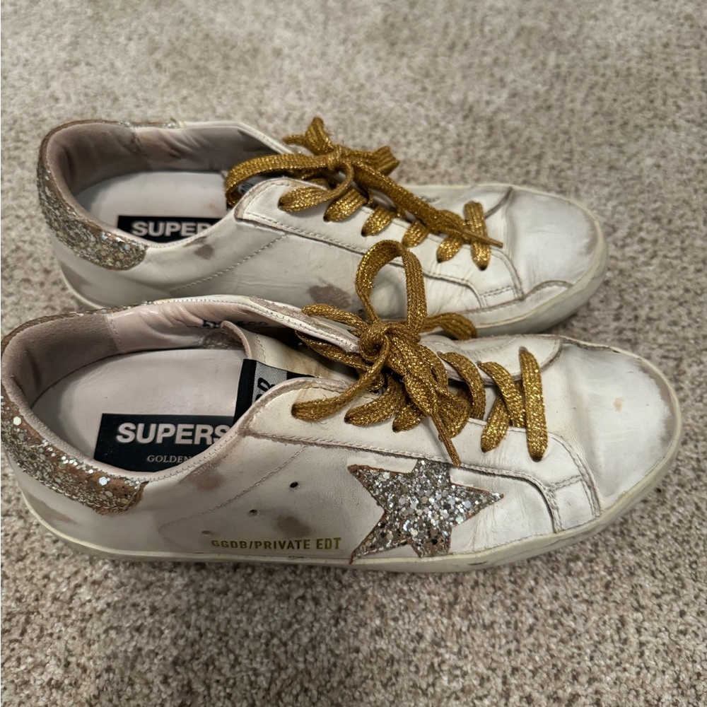 Golden Goose Cream Sneakers with Gold and Silver Details
